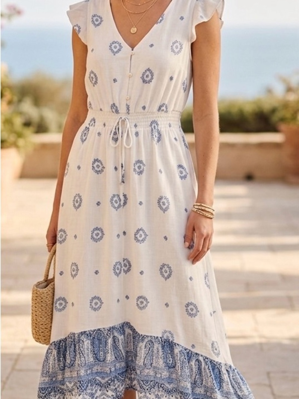 White & Blue Printed Midi Dress with Tie Waist
